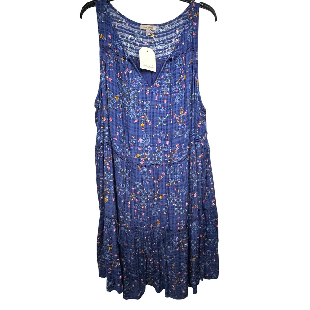 Wonderly Curvy Blue Floral Mini Dress Womens 2X Plus Tassel Tie Lined Cobalt NWT